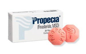 La foto muestra el envase y las tabletas de Propecia Genérico 1 mg (Finasterida)